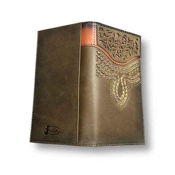 Justin Rodeo Wallet Brown Genuine Leather Tooled Western Stitch RFID Long Bifol - Picture 6 of 6